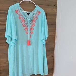 Torrid Light Aqua Embroidered Tassel Tunic Top.